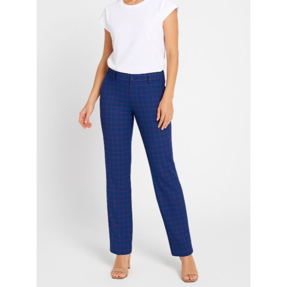Betabrand Dress Pant Yoga Pants Blue Grid Plaid Size L Bootcut Stretch Work - Picture 1 of 8